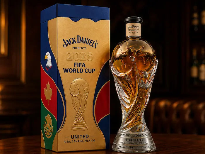 Jack 2026 FIFA World Cup bottle and packaging on a wooden surface.