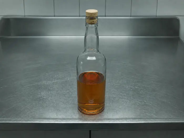 Clear bottle with cork lid containing amber liquid on a metallic surface