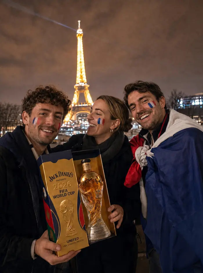 Three people with face paint holding a bottle in front of the Eiffel Tower.